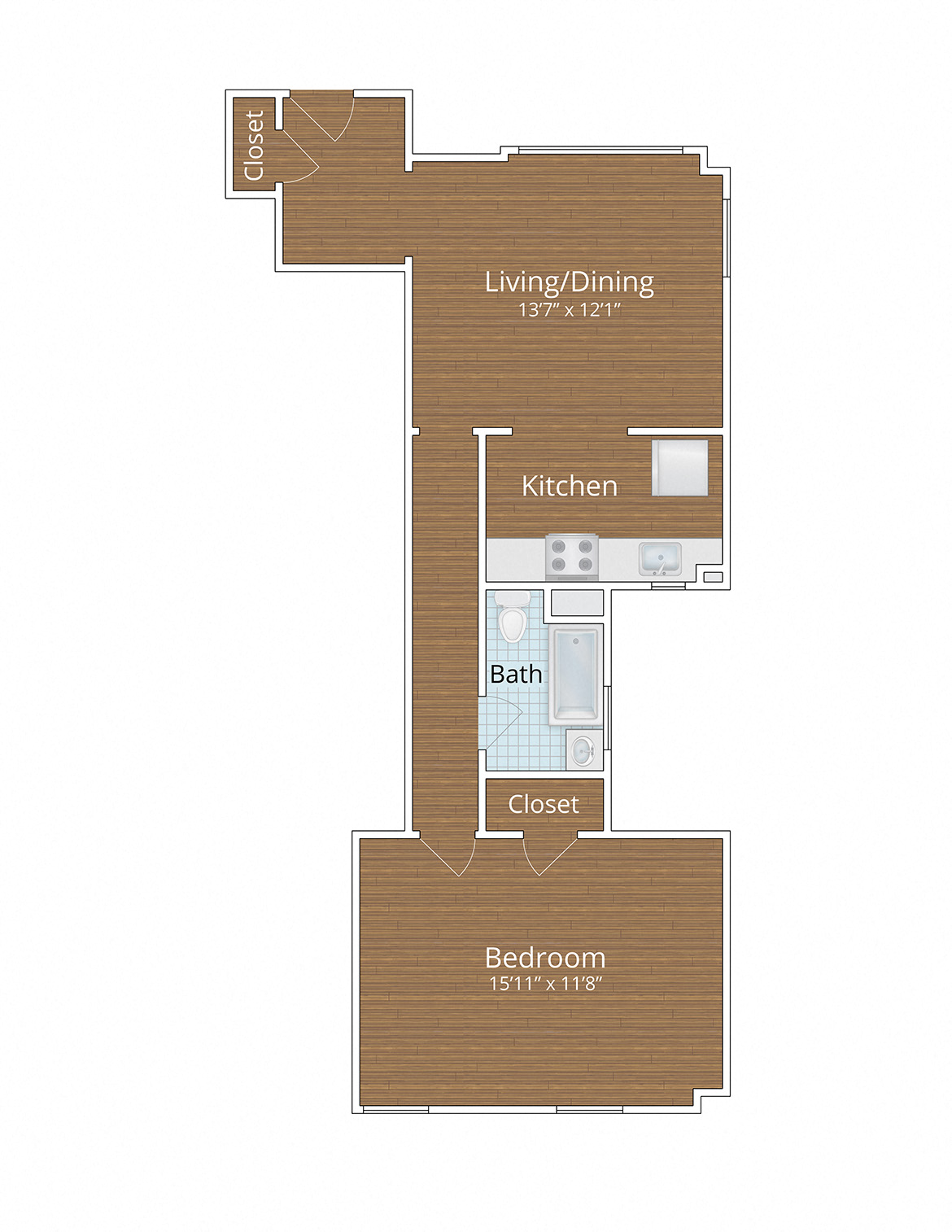 Floor plan for 1 bed, 1 bath, 698 sqft